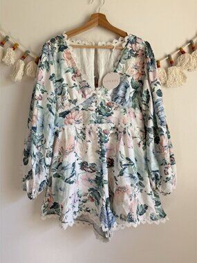 Luxxel No Love Lost Floral Pocketed Crochet Romper Cottage Coquette Feminine NWT